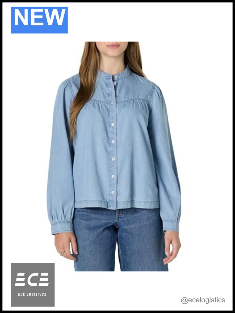 Women's Denim Chambray Tunic Top Cotton Lyocell Blend Blouson Sleeve Button Down